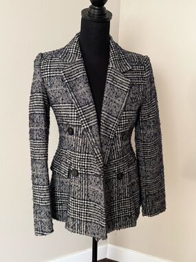 Zara Black and White Plaid Double-Breasted Blazer